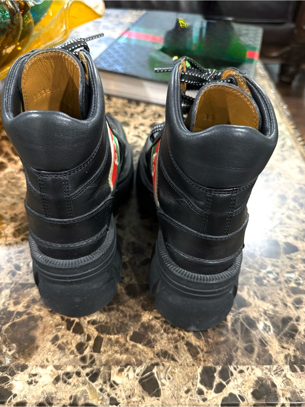 Gucci Black Leather Lace-Up Ankle Boots with Red & Green Web - Picture 5 of 7